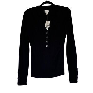 Chico's Rainy V-Neck Ribbed Sweater Black Button Cuff Size 2 Large NWT
